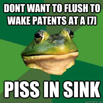 Dont want to flush to wake patents at a [7] Piss in sink  Foul Bachelor Frog