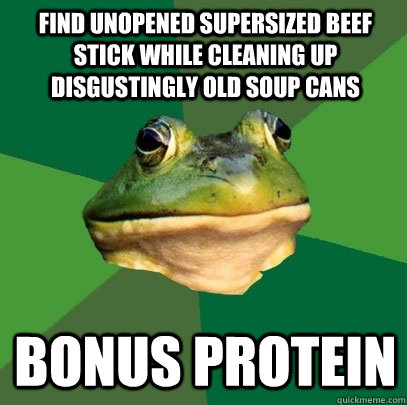 find unopened supersized beef stick while cleaning up disgustingly old soup cans bonus protein  Foul Bachelor Frog
