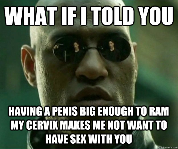 WHAT IF I TOLD YOU Having a penis big enough to ram my cervix makes me not want to have sex with you  