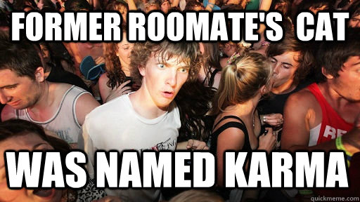 Former Roomate's  cat was named karma  Sudden Clarity Clarence
