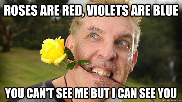 Roses are red, violets are blue you can't see me but i can see you  