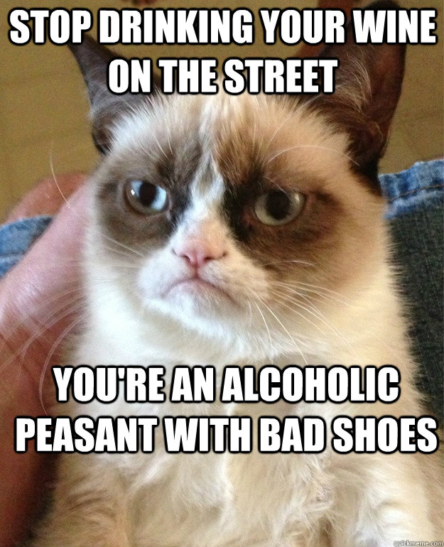stop drinking your wine on the street you're an alcoholic peasant with bad shoes  Grumpy Cat