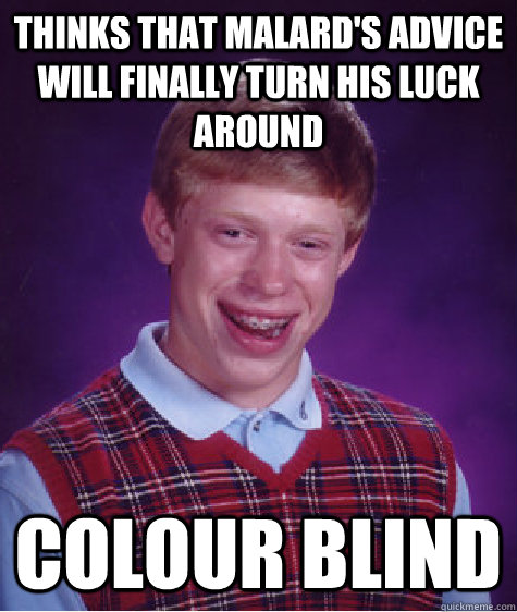 THinks that malard's advice will finally turn his luck around colour blind - THinks that malard's advice will finally turn his luck around colour blind  Bad Luck Brian