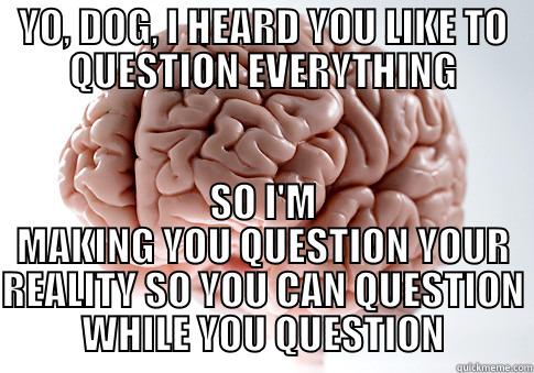 YO, DOG, I HEARD YOU LIKE TO QUESTION EVERYTHING SO I'M MAKING YOU QUESTION YOUR REALITY SO YOU CAN QUESTION WHILE YOU QUESTION Scumbag Brain