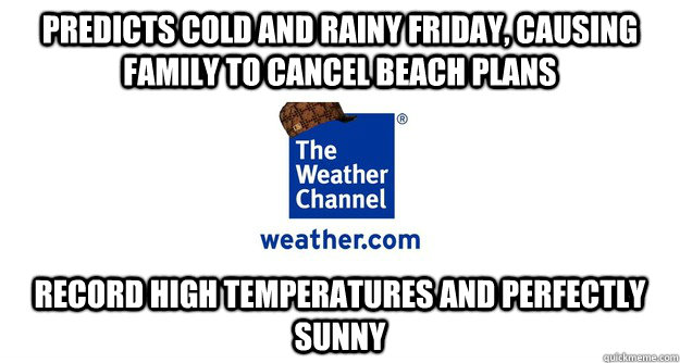 Predicts cold and rainy friday, causing family to cancel beach plans Record high temperatures and perfectly sunny  
