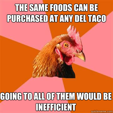 The same foods can be purchased at any del taco Going to all of them would be inefficient   Anti-Joke Chicken