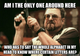 Am I the only one around here Who has to say the whole alphabet in my head to know where certain letters are? - Am I the only one around here Who has to say the whole alphabet in my head to know where certain letters are?  Misc