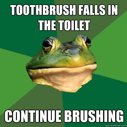 Toothbrush falls in the toilet continue brushing  Foul Bachelor Frog