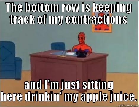 THE BOTTOM ROW IS KEEPING TRACK OF MY CONTRACTIONS AND I'M JUST SITTING HERE DRINKIN' MY APPLE JUICE. Spiderman Desk