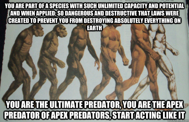You are part of a species with such unlimited capacity and potential and when applied; so dangerous and destructive that laws were created to prevent you from destroying absolutely everything on earth You are the ultimate predator, you are the apex predat - You are part of a species with such unlimited capacity and potential and when applied; so dangerous and destructive that laws were created to prevent you from destroying absolutely everything on earth You are the ultimate predator, you are the apex predat  Misc