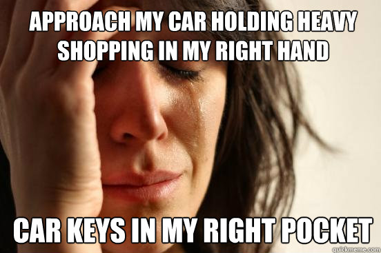 approach my car holding heavy shopping in my right hand car keys in my right pocket  1st World Problems