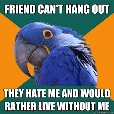 friend can't hang out they hate me and would rather live without me  Paranoid Parrot