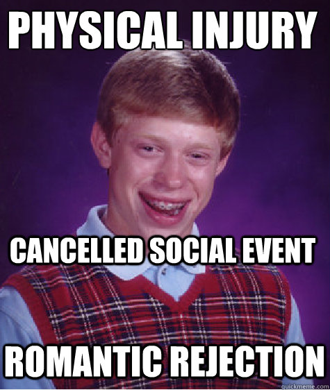 Physical Injury
 romantic rejection Cancelled social event  Badluckbrian