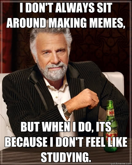 I DON'T ALWAYS SIT AROUND MAKING MEMES, BUT WHEN I DO, ITS BECAUSE I DON'T FEEL LIKE STUDYING.  The Most Interesting Man In The World