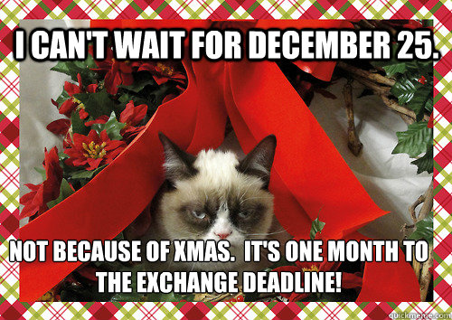 I can't wait for December 25.  Not because of Xmas.  It's one month to the exchange deadline!   merry christmas