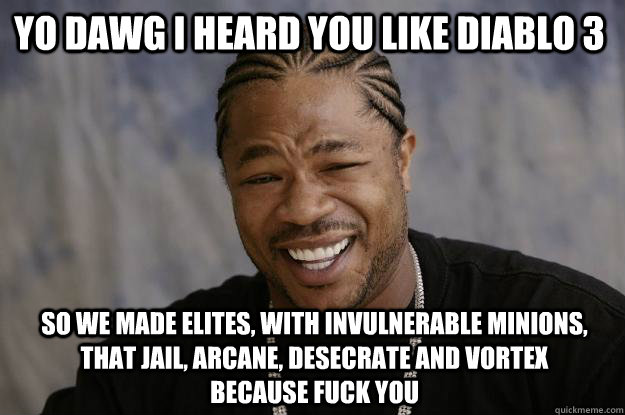 Yo dawg I heard you like diablo 3 So we made elites, with invulnerable minions, that jail, arcane, desecrate and vortex because fuck you  Xzibit meme