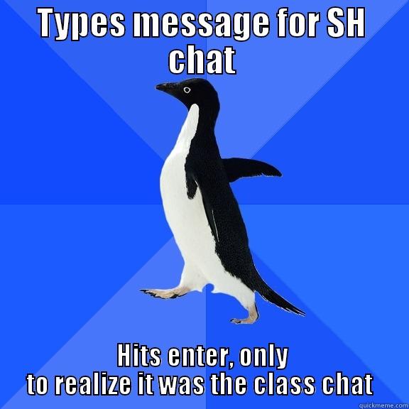 TYPES MESSAGE FOR SH CHAT HITS ENTER, ONLY TO REALIZE IT WAS THE CLASS CHAT  Socially Awkward Penguin
