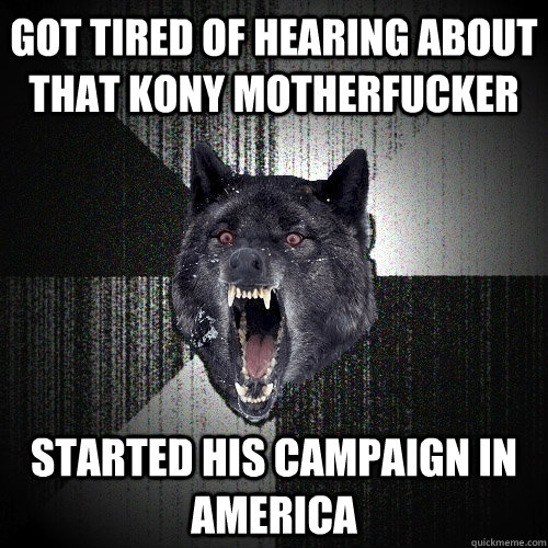 got tired of hearing about that kony motherfucker started his campaign in america  Insanity Wolf