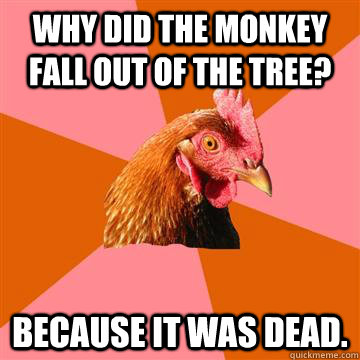 Why did the monkey fall out of the tree? Because it was dead.  Anti-Joke Chicken