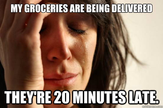 My groceries are being delivered they're 20 minutes late.   First World Problems