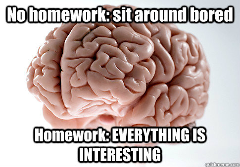 No homework: sit around bored Homework: EVERYTHING IS INTERESTING  Scumbag Brain