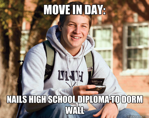 Move in day: Nails High school Diploma to dorm wall  College Freshman