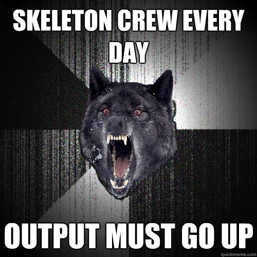 skeleton crew every day output must go up  Insanity Wolf