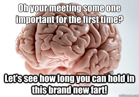 Oh your meeting some one important for the first time?
 Let's see how long you can hold in this brand new fart!  Scumbag Brain
