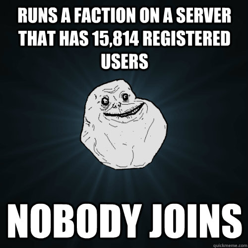 Runs a faction on a server that has 15,814 registered users Nobody joins  Forever Alone