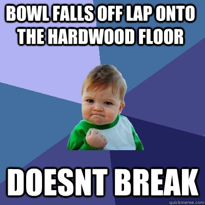 Bowl falls off lap onto the hardwood floor doesnt break  Success Kid
