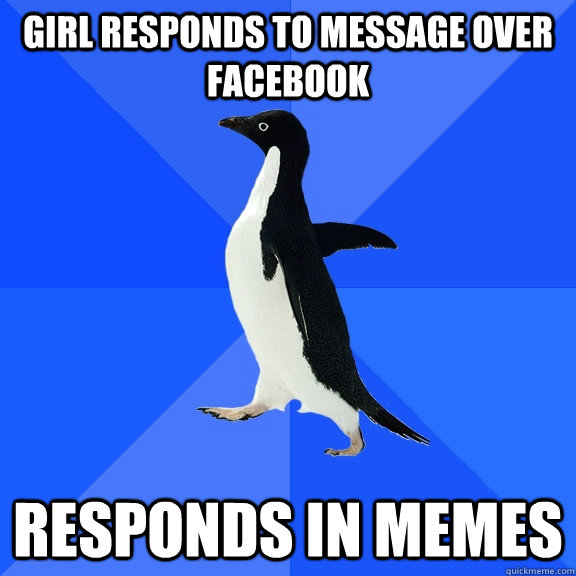 girl responds to message over facebook responds in memes  Socially Awkward Penguin