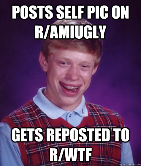 posts self pic on r/amiugly gets reposted to r/wtf - posts self pic on r/amiugly gets reposted to r/wtf  Bad Luck Brian