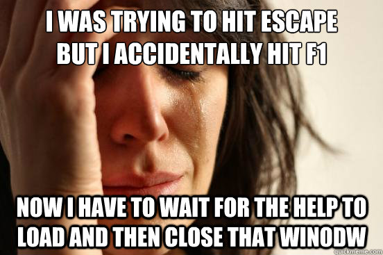 I was trying to hit escape
but I accidentally hit f1 now I have to wait for the help to load and then close that winodw - I was trying to hit escape
but I accidentally hit f1 now I have to wait for the help to load and then close that winodw  First World Problems