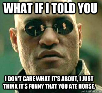 what if i told you I don't care what it's about, I just think it's funny that you ate horse.   Matrix Morpheus