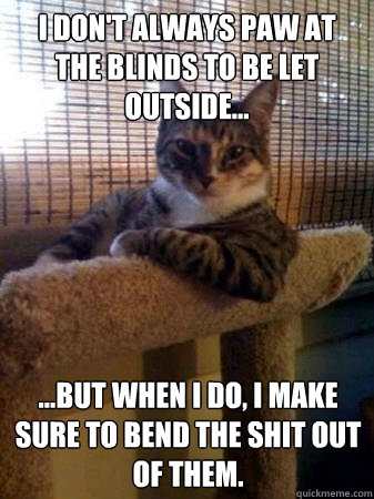 I don't always paw at the blinds to be let outside... ...but when I do, I make sure to bend the shit out of them.  The Most Interesting Cat in the World