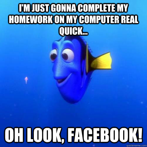 I'm just gonna complete my homework on my computer real quick... Oh look, facebook! - I'm just gonna complete my homework on my computer real quick... Oh look, facebook!  dory