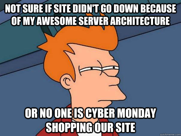 Not sure if site didn't go down because of my awesome server architecture Or no one is cyber Monday shopping our site - Not sure if site didn't go down because of my awesome server architecture Or no one is cyber Monday shopping our site  Futurama Fry