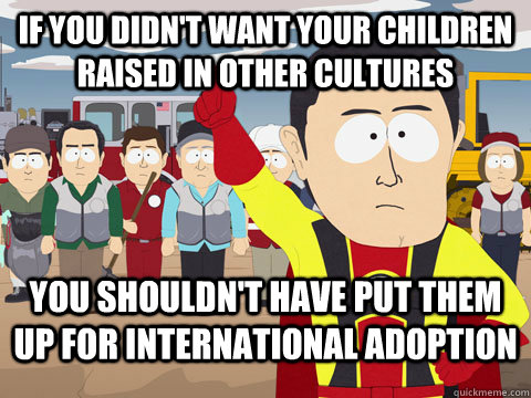 If you didn't want your children raised in other cultures You shouldn't have put them up for international adoption  Captian Hindsight