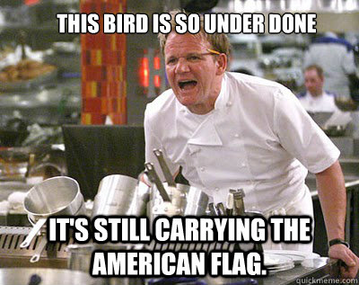 THIS BIRD IS SO UNDER DONE IT's STILL CARRYING THE AMERICAN FLAG. - THIS BIRD IS SO UNDER DONE IT's STILL CARRYING THE AMERICAN FLAG.  Chef Ramsay