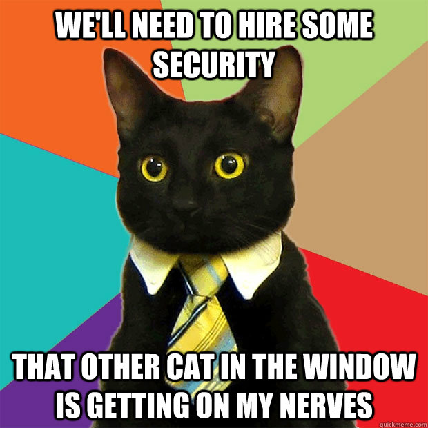 we'll need to hire some security that other cat in the window is getting on my nerves  Business Cat