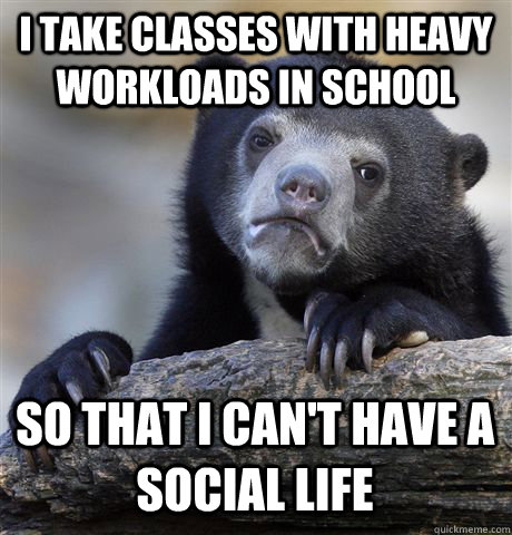 I take classes with heavy workloads in school so that I can't have a social life - I take classes with heavy workloads in school so that I can't have a social life  Confession Bear
