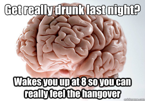 Get really drunk last night? Wakes you up at 8 so you can really feel the hangover   Scumbag Brain