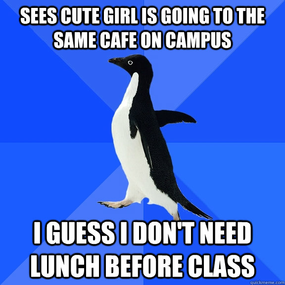Sees cute girl is going to the same cafe on campus I guess I don't need lunch before class  Socially Awkward Penguin