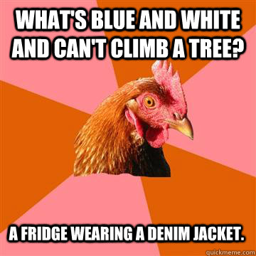 What's blue and white and can't climb a tree? A fridge wearing a denim jacket.  Anti-Joke Chicken
