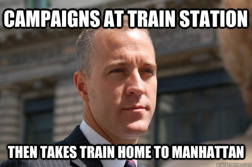 campaigns at train station then takes train home to manhattan  