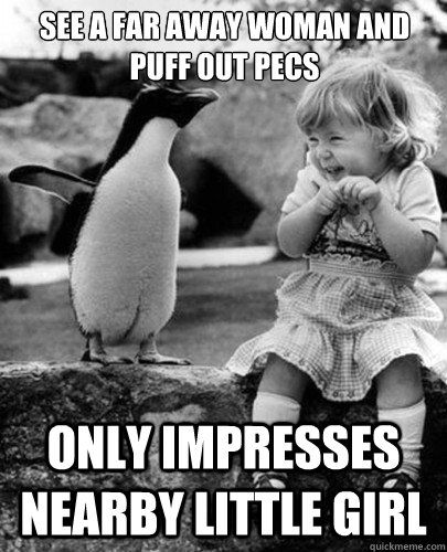 See a far away woman and Puff out pecs only impresses nearby little girl  Socially Awesome Awkward Penguin