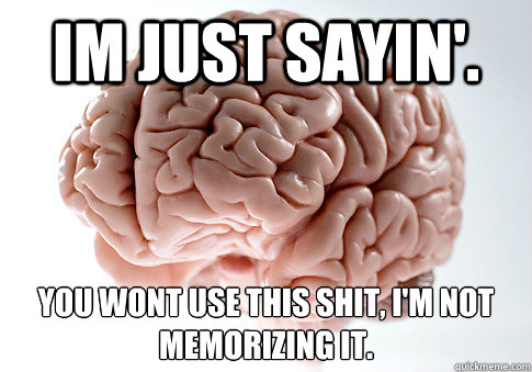 IM JUST SAYIN'. YOU WONT USE THIS SHIT, I'M NOT MEMORIZING IT.  Caption 4 goes here  Scumbag Brain