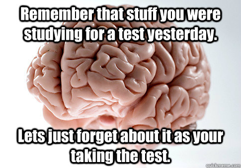 Remember that stuff you were studying for a test yesterday. Lets just forget about it as your taking the test.  Scumbag Brain