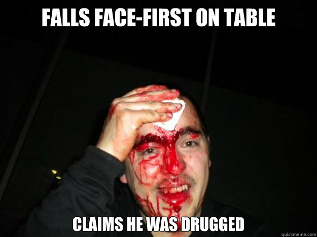 falls face-first on table claims he was drugged - falls face-first on table claims he was drugged  Im OK drunk guy