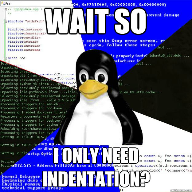 WAIT SO I ONLY NEED INDENTATION? - WAIT SO I ONLY NEED INDENTATION?  Computer Science Penguin